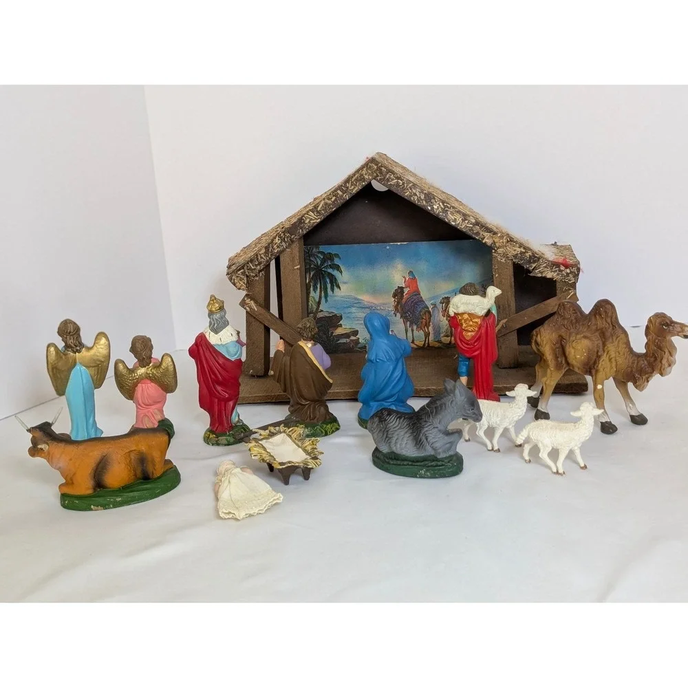 Vintage Nativity Set Hand Painted Paper Mache Italy Creche Stable Manger 14 Pcs